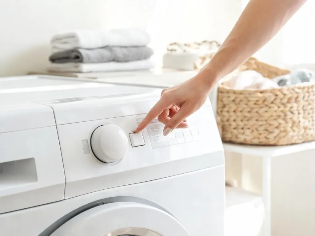 Dłoń kobiety resetuje pralkę Whirlpool na panelu sterowania w jasnej pralni, w tle kosz na pranie i złożone ręczniki.