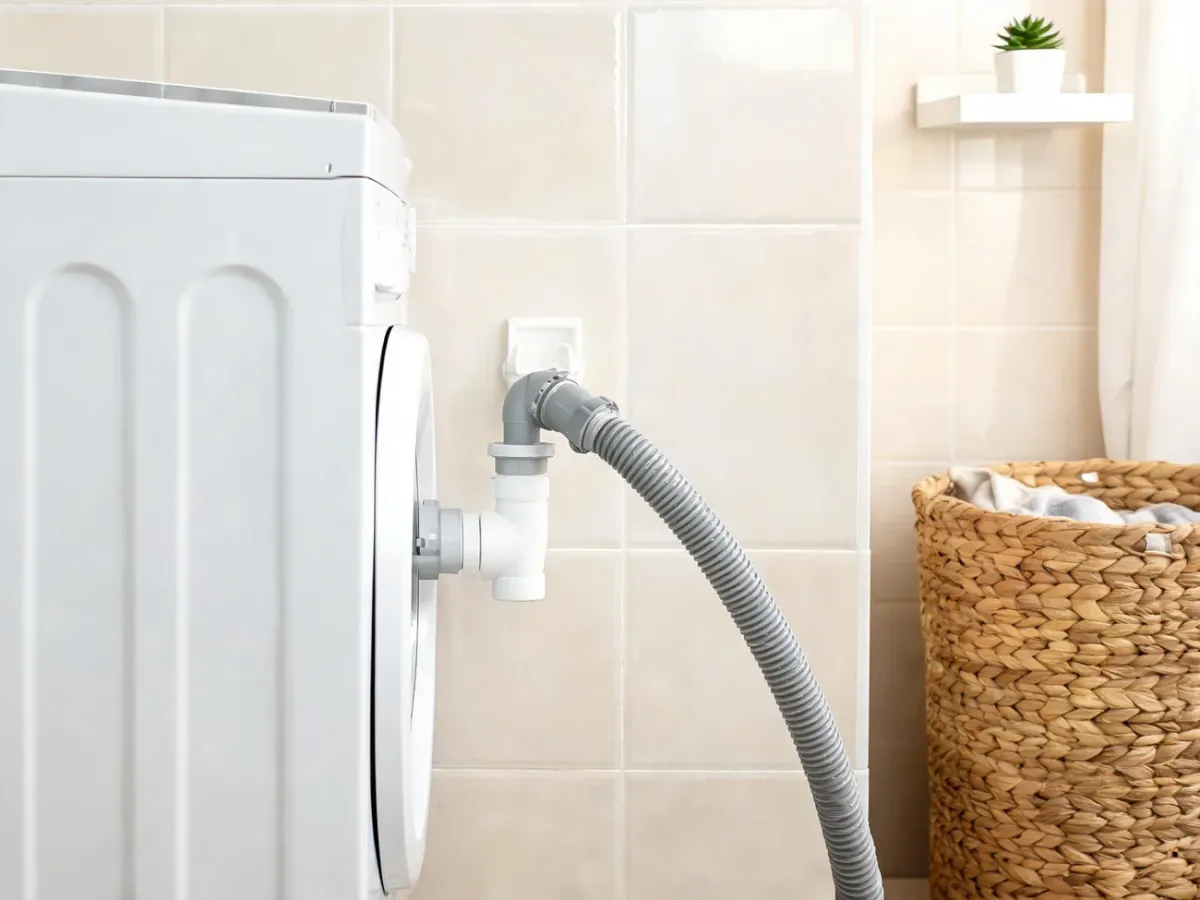 Syfon do pralki zamontowany na ścianie z podłączonym wężem odpływowym, przykład prawidłowego podłączenia instalacji