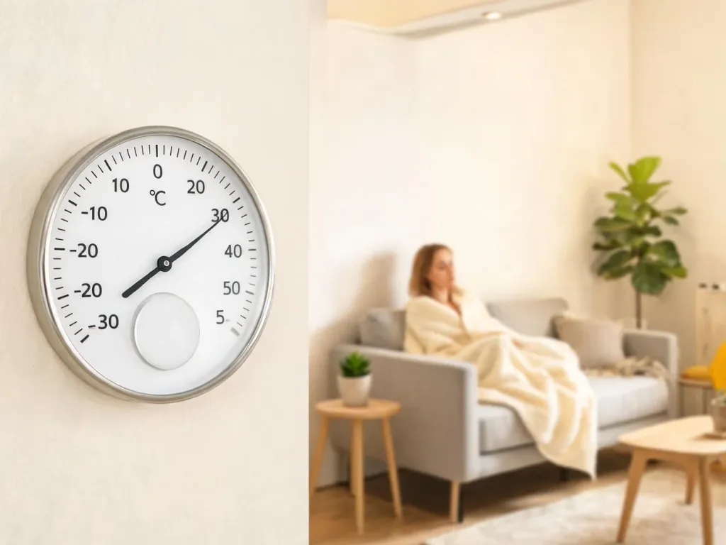 Termometr na ścianie pokazujący komfortową temperaturę w nowoczesnym salonie, kobieta odpoczywa na sofie pod kocem.