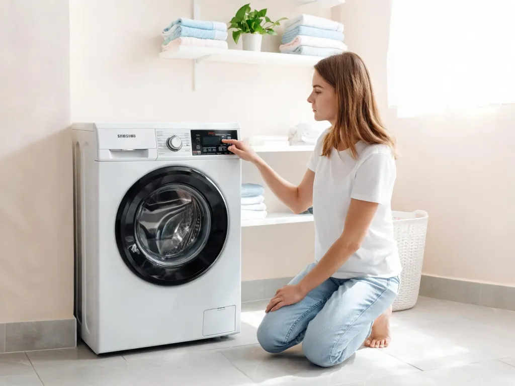 Kobieta klęczy przy pralce Samsung i naciska przycisk na panelu, ilustrując krok po kroku reset urządzenia.