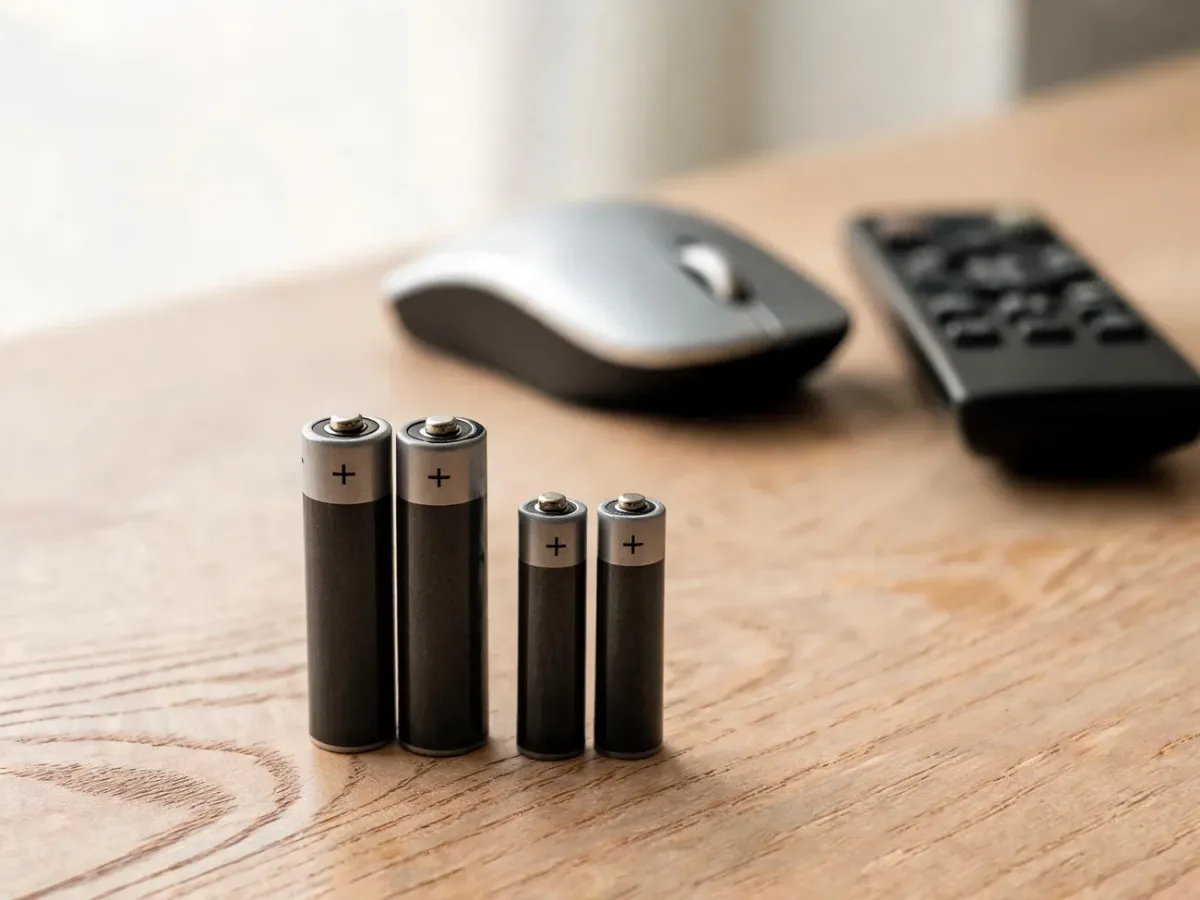 Baterie AA i AAA stojące obok siebie na biurku, wyraźne porównanie różnicy rozmiarów w domowym biurze