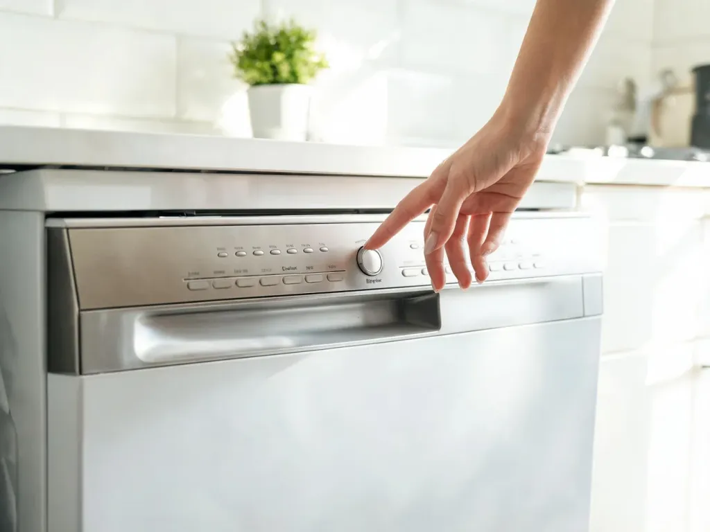 Dłoń naciska przycisk programu czyszczenia na panelu zmywarki Electrolux w nowoczesnej, jasnej kuchni.