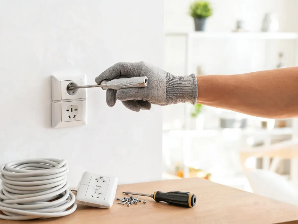 Elektryk montuje nowoczesne białe gniazdko w ścianie, ilustrując przykładowy punkt elektryczny do wyceny kosztów.