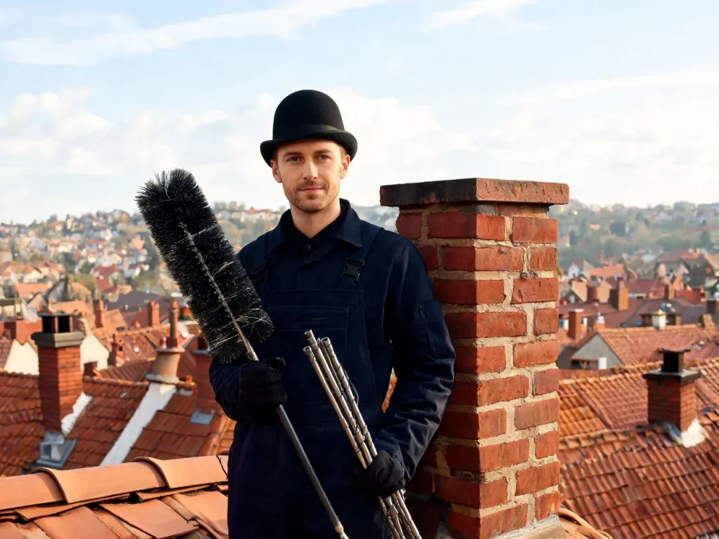 Kominiarz w roboczym stroju czyści komin na dachu nad miasteczkiem, ilustrując usługę czyszczenia kominów i jej koszt.