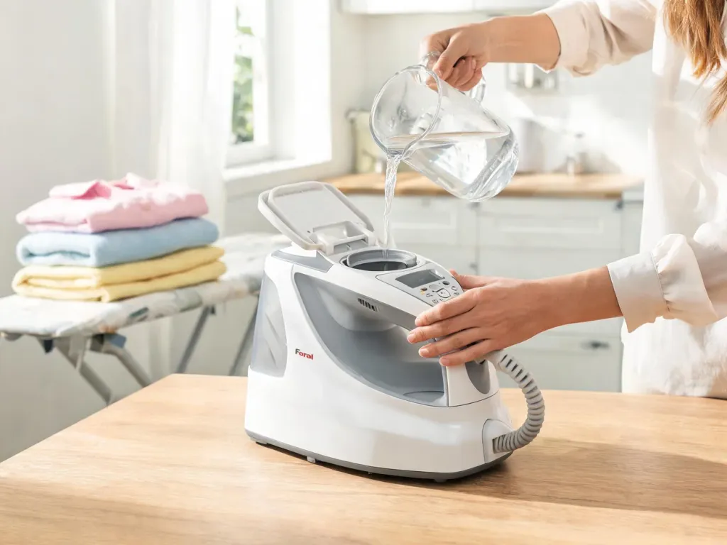 Nalewanie wody i środka odkamieniającego do stacji parowej Tefal na blacie, w tle deska do prasowania i poskładane ubrania