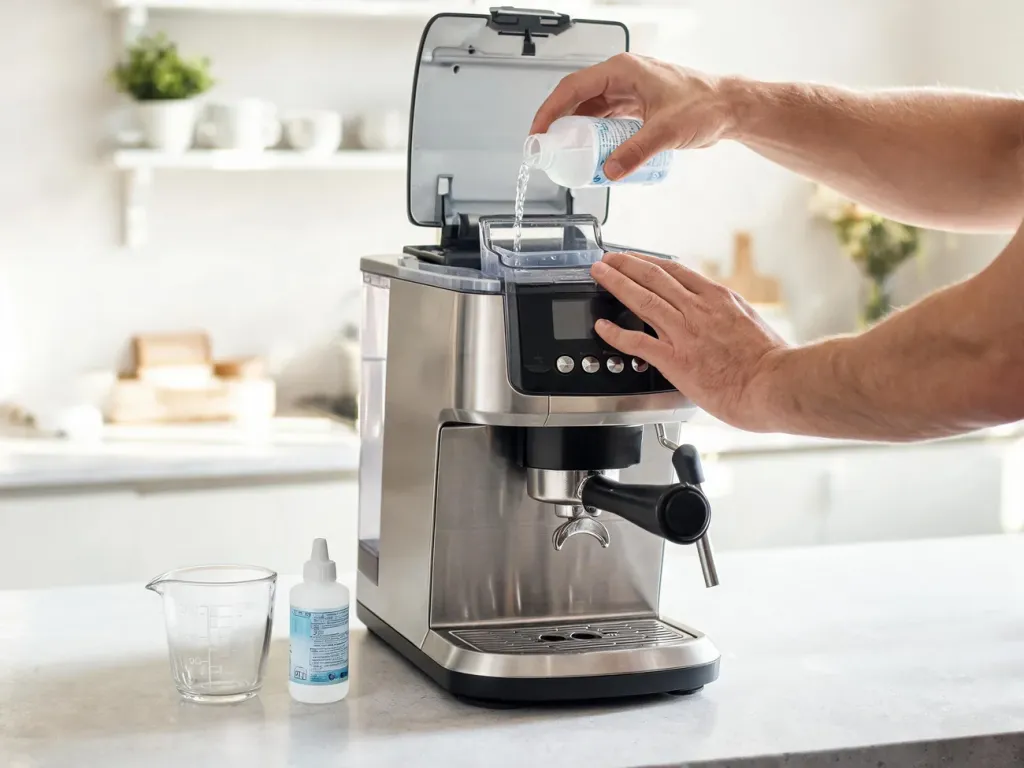 Mężczyzna nalewa płyn odkamieniający do zbiornika ekspresu Philips na jasnym blacie kuchennym, przygotowując odkamienianie.