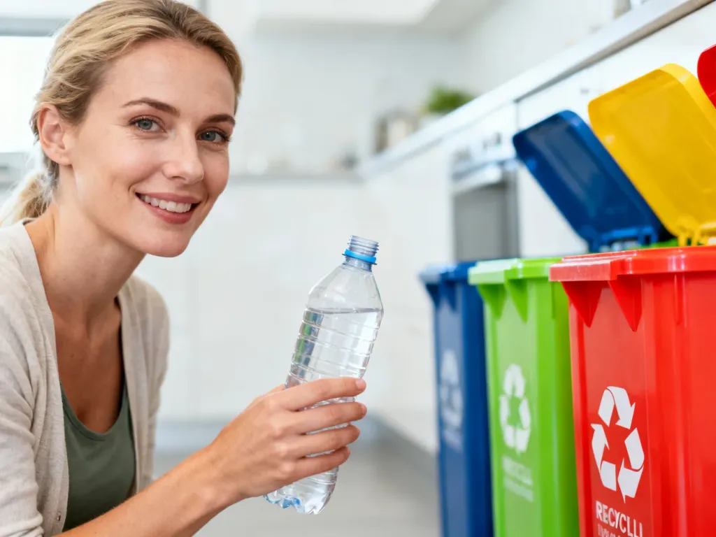Kobieta trzymająca pustą plastikową butelkę po środku czyszczącym przy kolorowych koszach do segregacji odpadów.