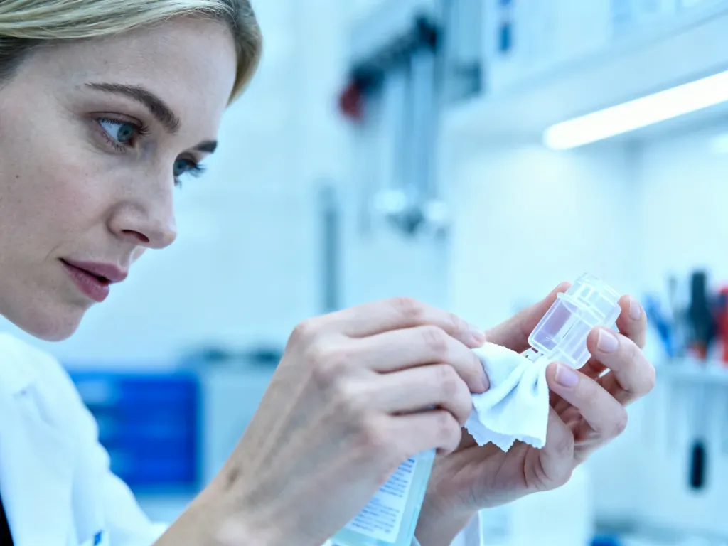 Kobieta precyzyjnie czyści plastikowy przedmiot ściereczką z rozpuszczalnikiem w czystym warsztacie.
