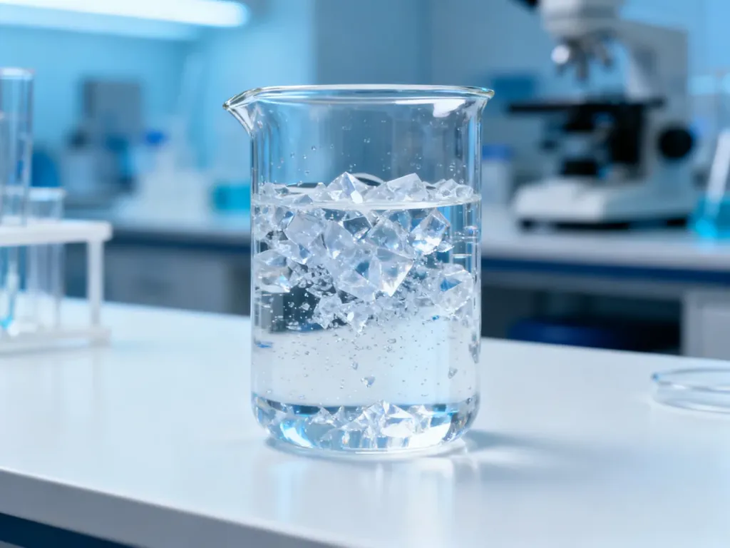 Przezroczysty płyn w szklanej zlewce laboratoryjnej na białym tle, symbolizujący czystość i zastosowanie chemiczne.