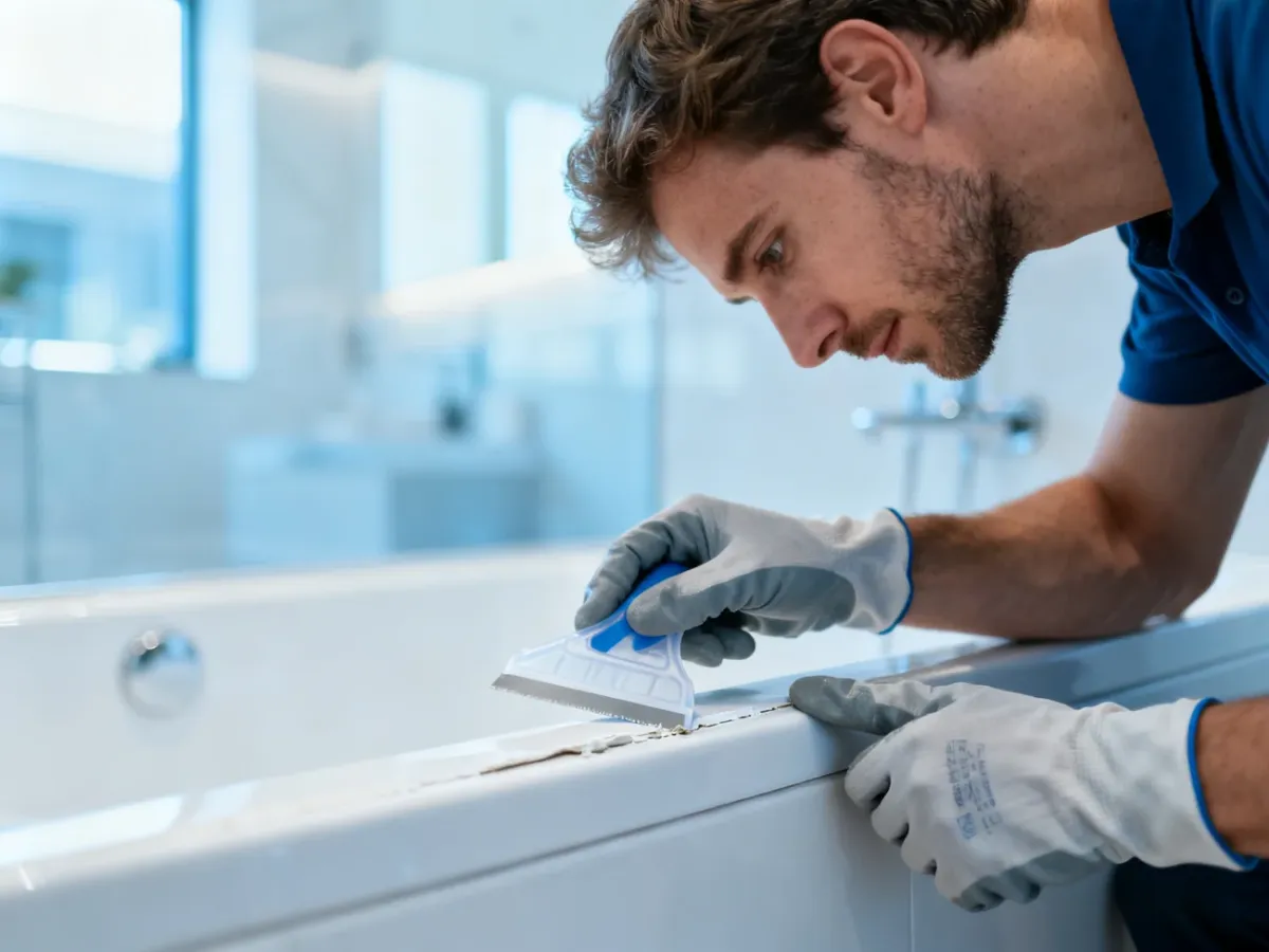 Mężczyzna w rękawicach ochronnych usuwa stary silikon z krawędzi białego brodzika za pomocą plastikowego skrobaka.