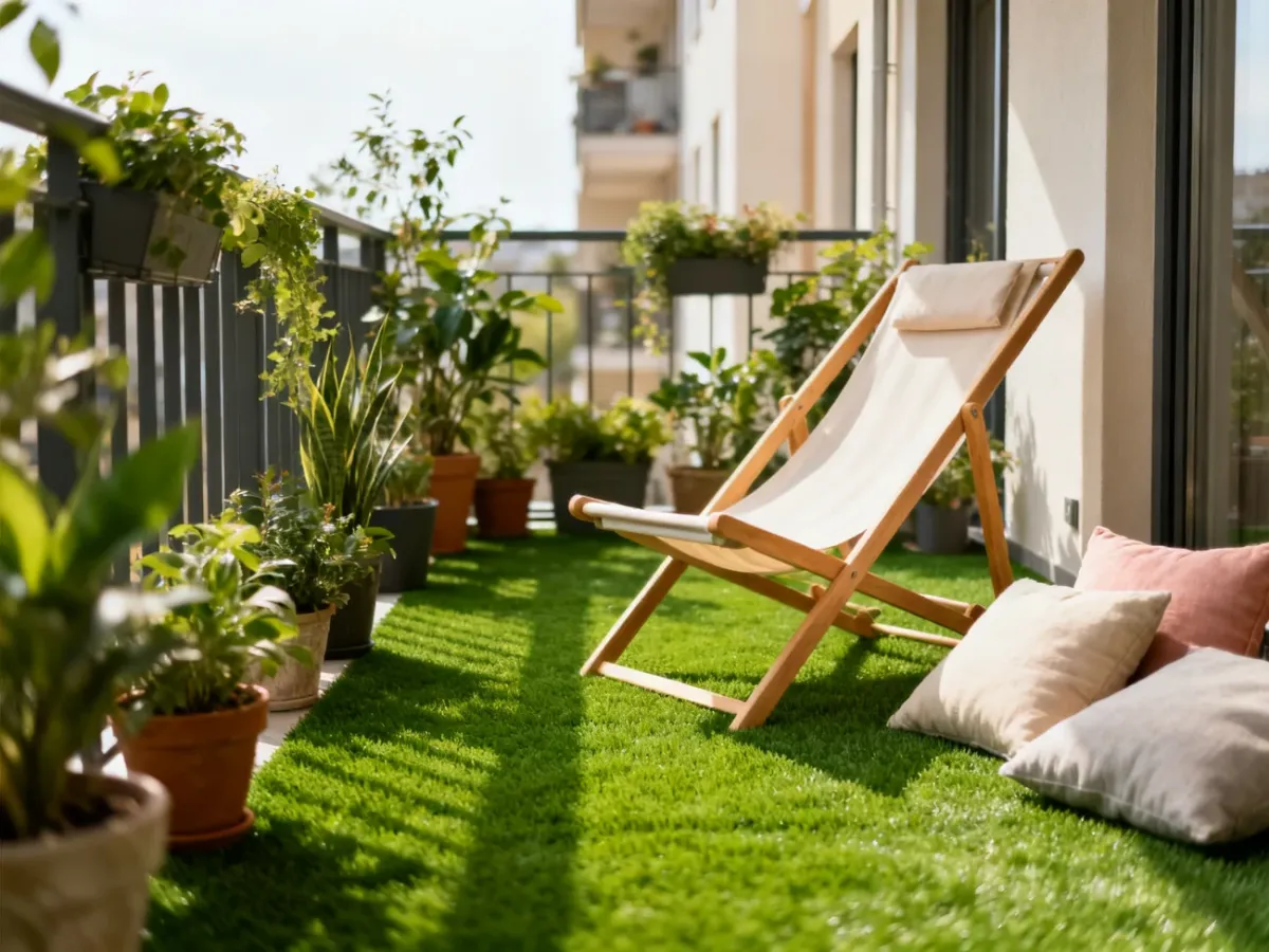 Balkon z zieloną sztuczną trawą i strefą relaksu