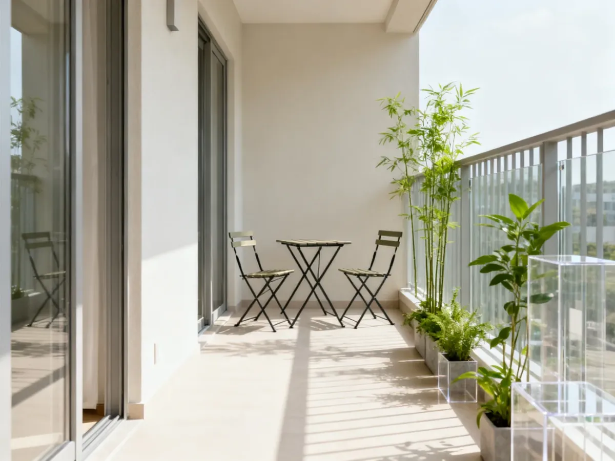 Jasno urządzony mały balkon z lekkimi meblami i roślinami
