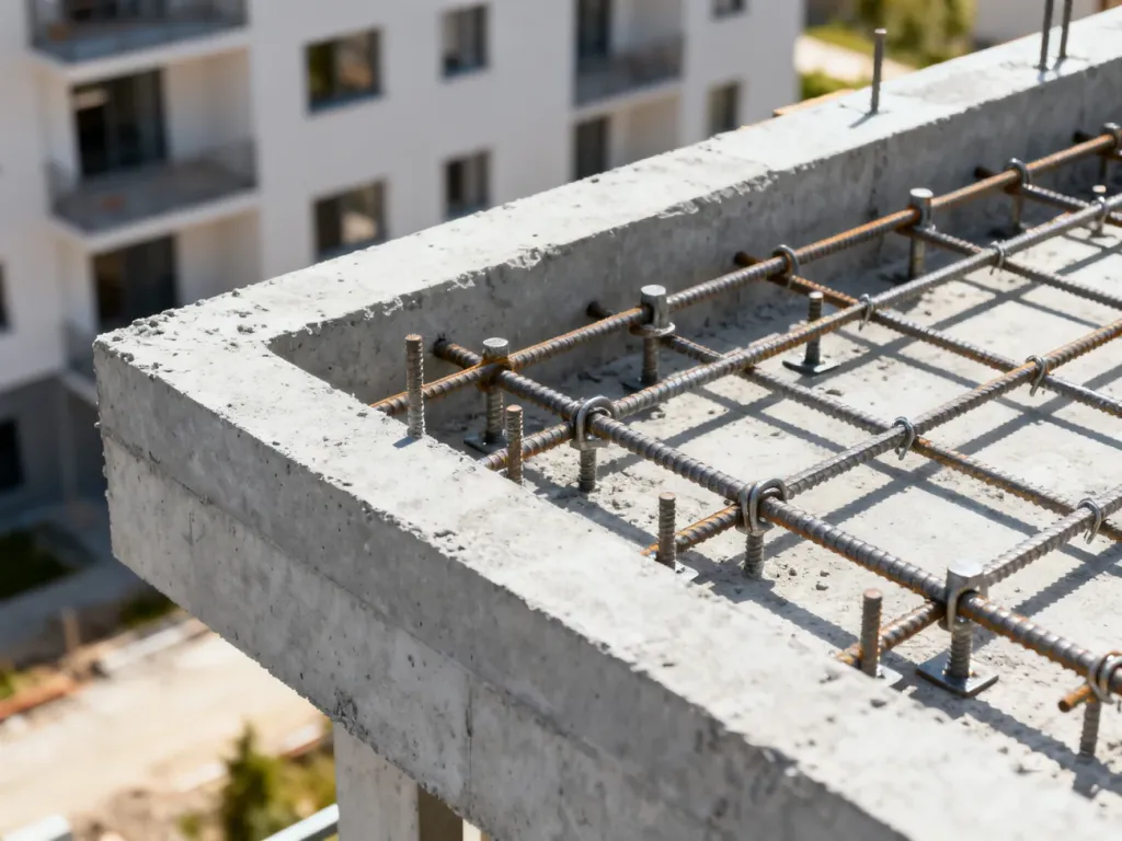 Zbliżenie na zbrojenie i kotwy konstrukcyjne w surowym betonie podczas prac nad rozbudową balkonu.