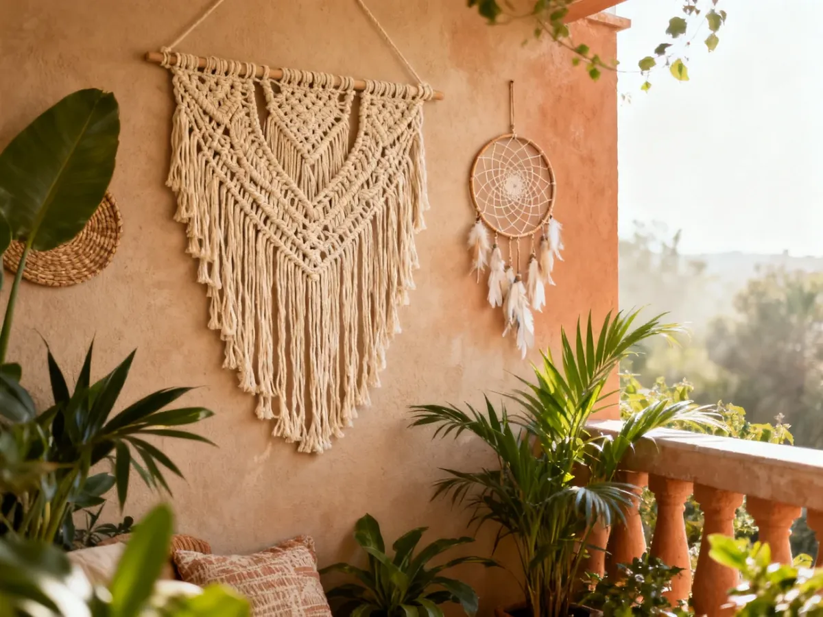 Plecione dekoracje ścienne i makrama wśród roślin na tarasie boho