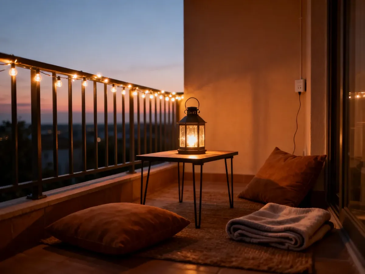 Przytulny balkon oświetlony lampkami i lampionem
