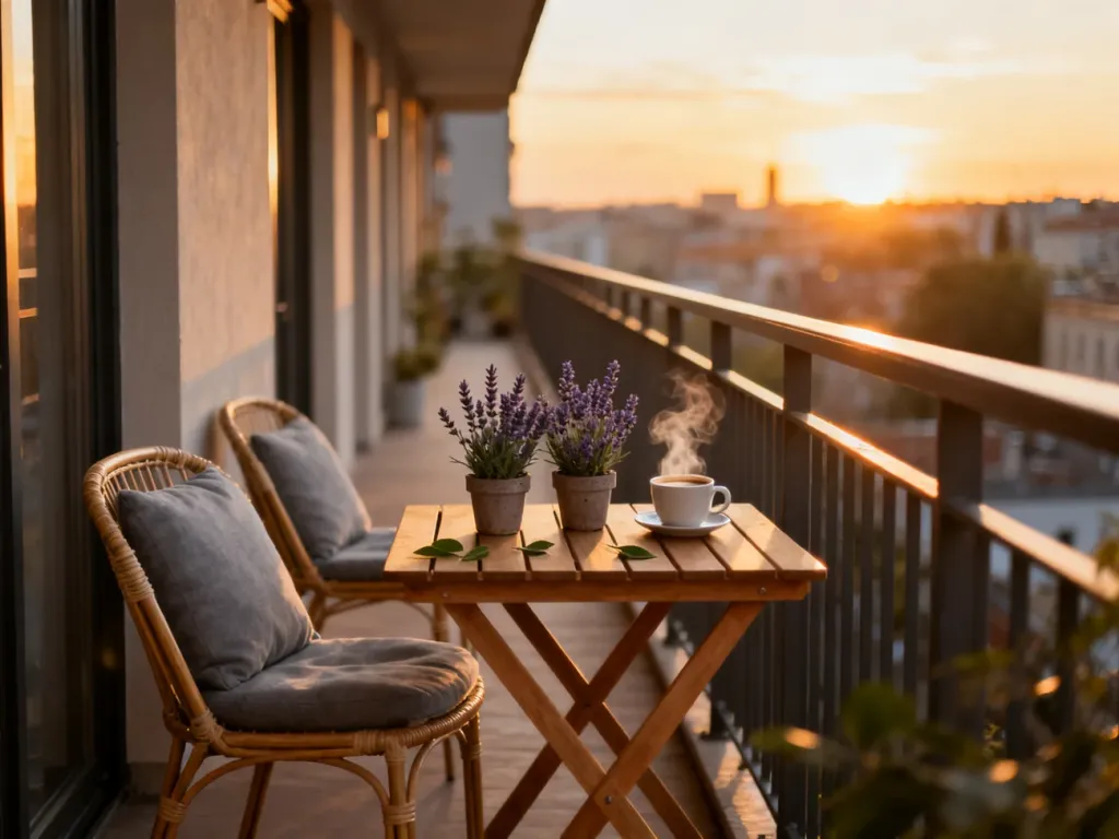 Przytulny, wąski balkon z drewnianym stolikiem, lawendą i rattanowymi krzesłami w świetle zachodzącego słońca.