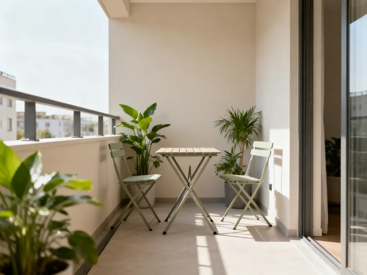 Przytulny mały balkon z lekkimi meblami i roślinami