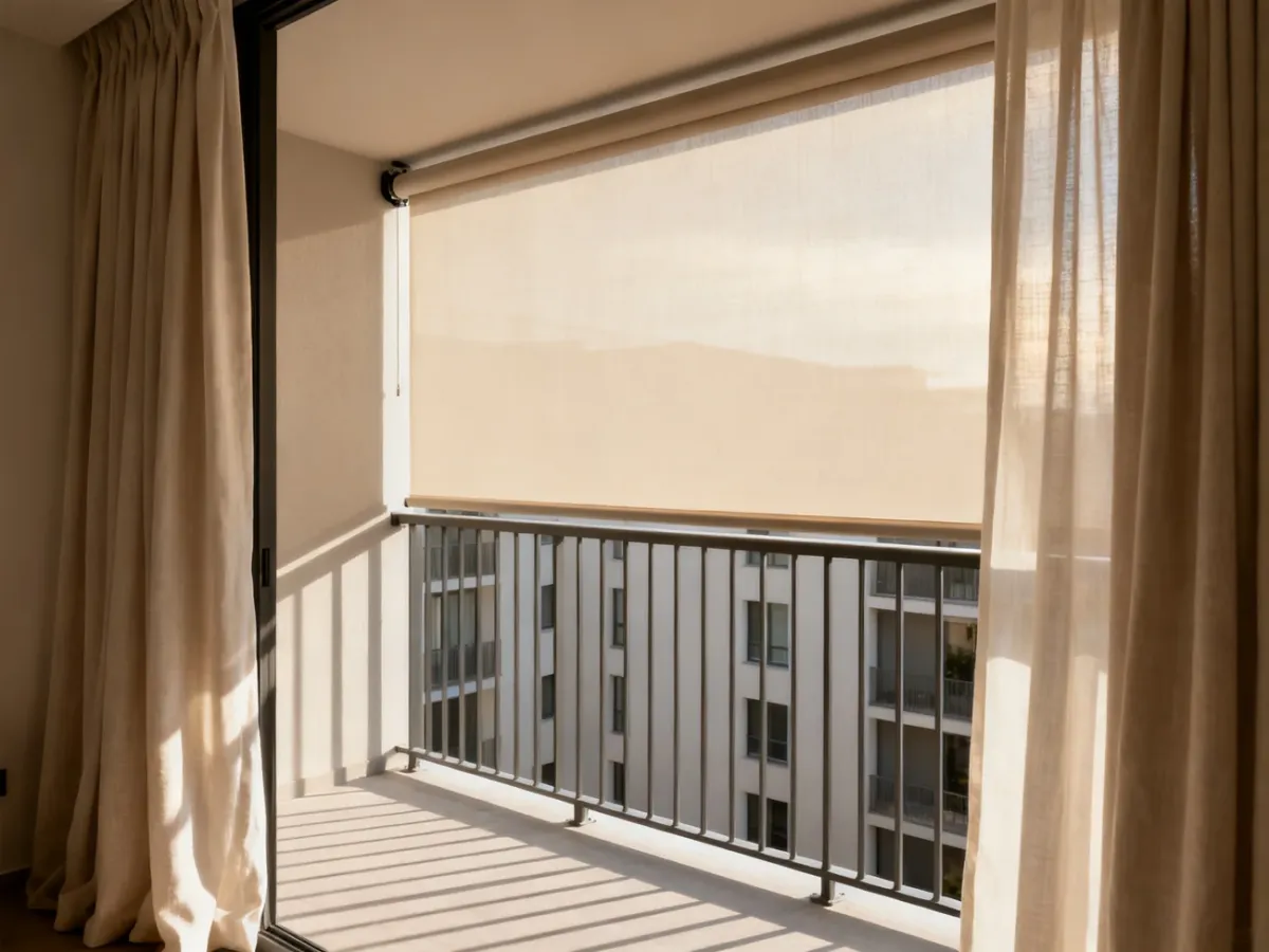 Balkon z zasłonami i roletą zewnętrzną chroniącymi przed słońcem