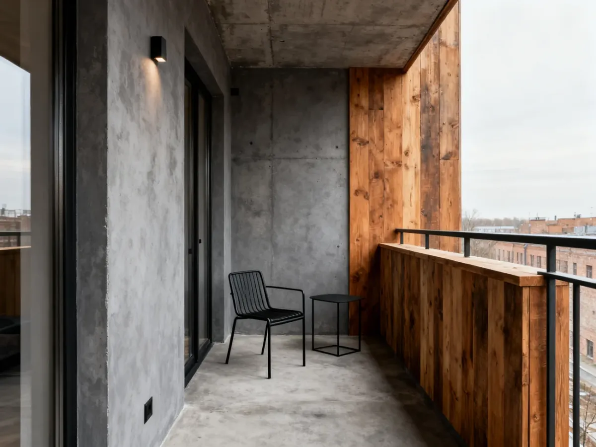 Mały balkon w stylu loft z metalowymi meblami, betonową posadzką i drewnianymi akcentami