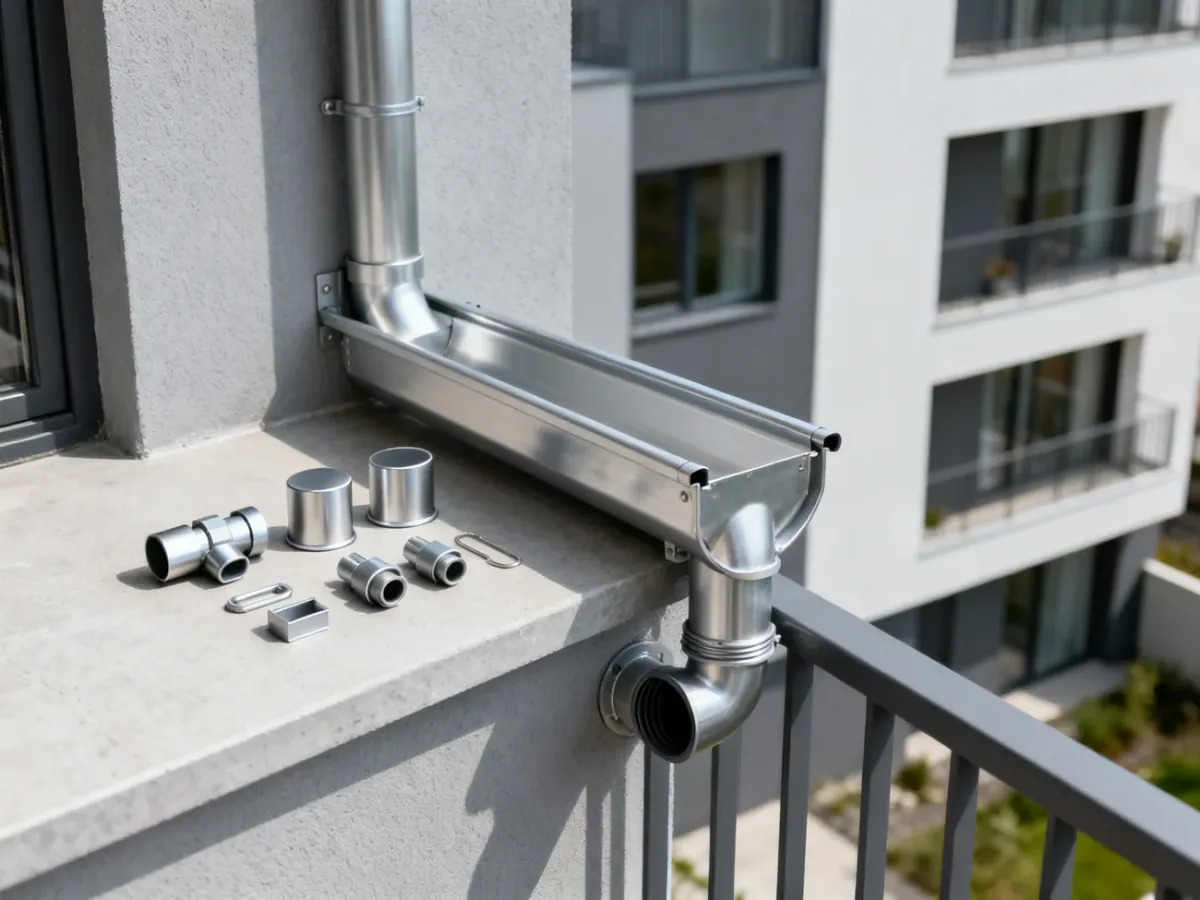 Elementy aluminiowego systemu rynnowego przy krawędzi balkonu
