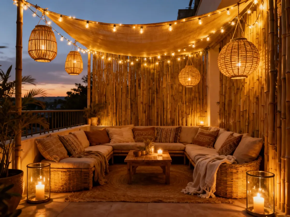 Wieczorny taras boho oświetlony girlandą, lampionami i świecami