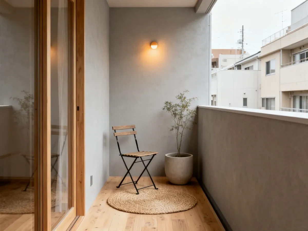 Mały balkon japandi z składanym fotelem, matą, dużą donicą i ciepłym światłem