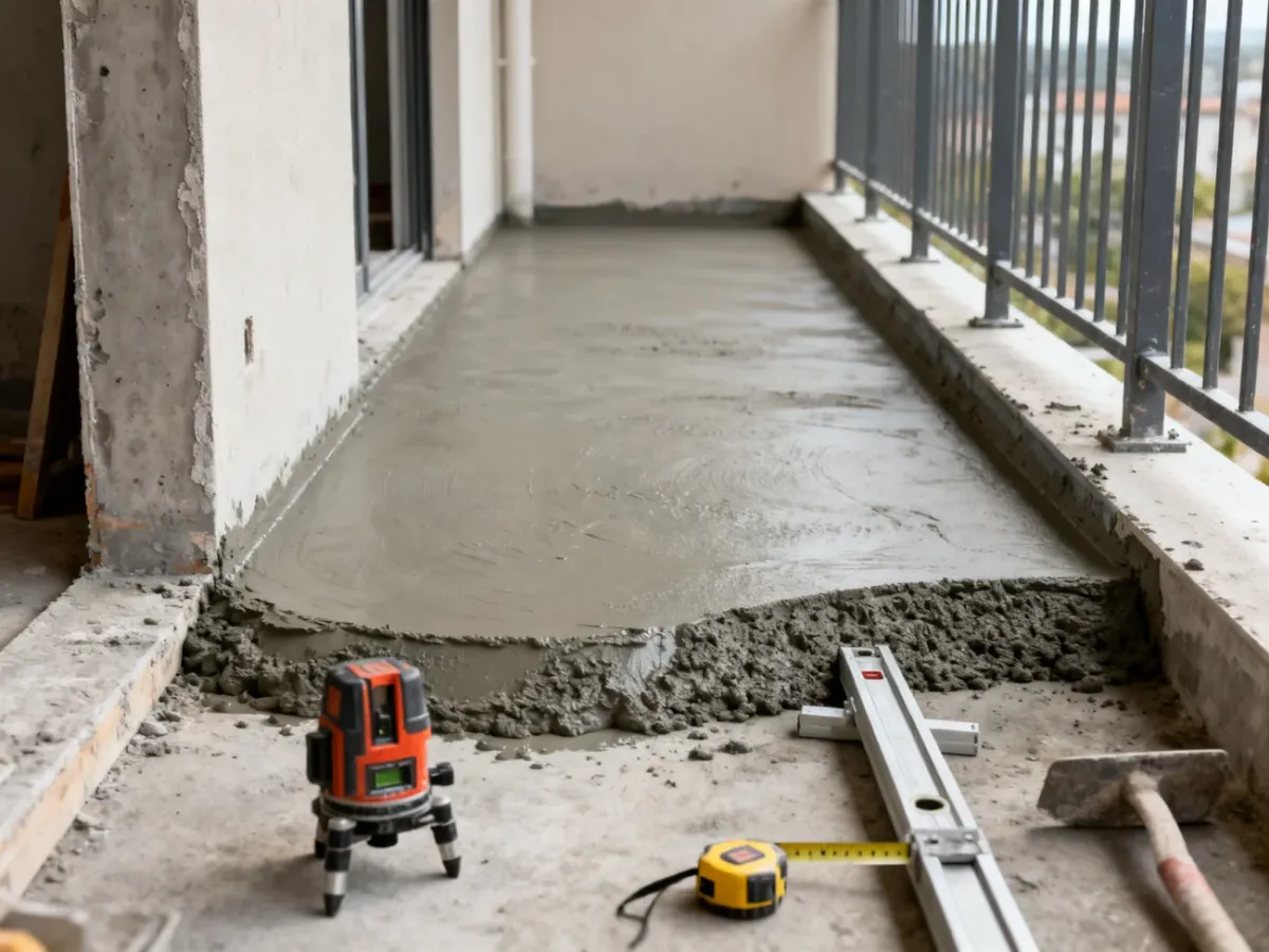 Wykonywanie spadku cementowego na płycie balkonowej przy użyciu prowadnic i poziomicy laserowej