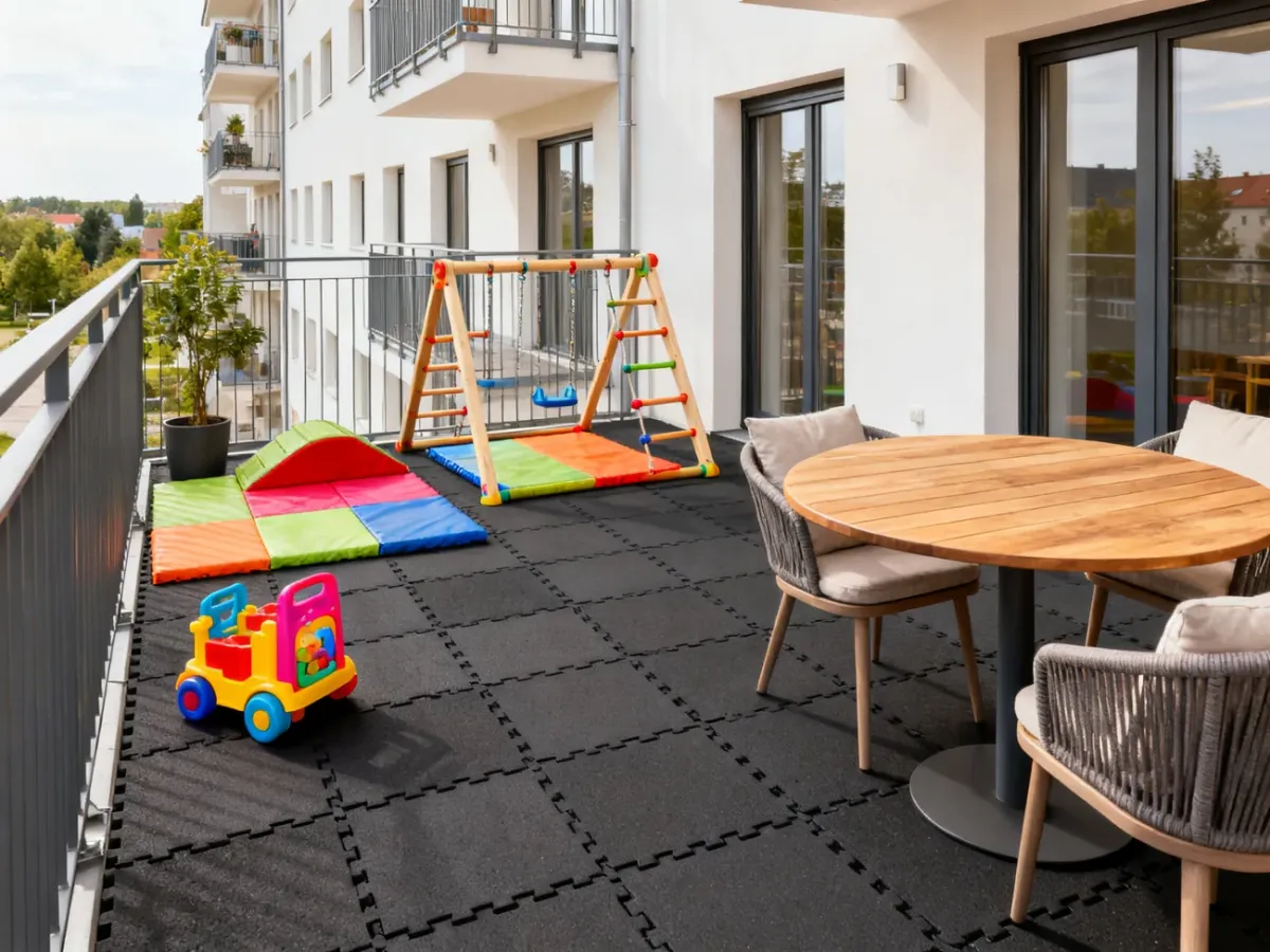 Balkon z miękkimi gumowymi płytami przygotowanymi dla dzieci