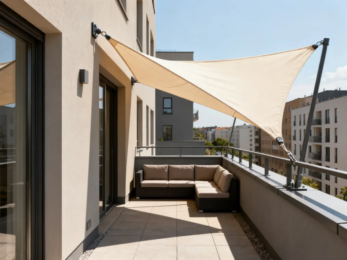 Balkon osłonięty trójkątnym żaglem przeciwsłonecznym