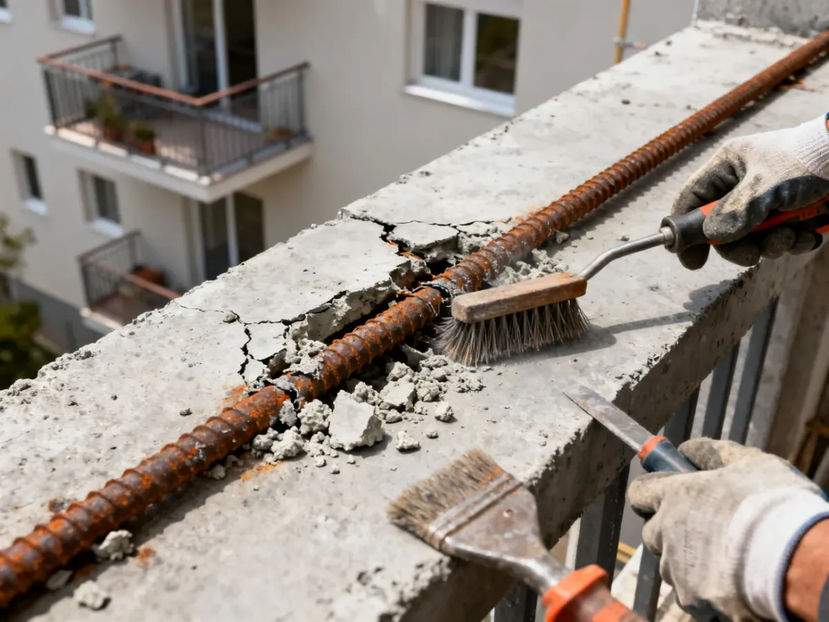 Oczyszczanie skorodowanego zbrojenia odsłoniętego w betonowej płycie balkonu