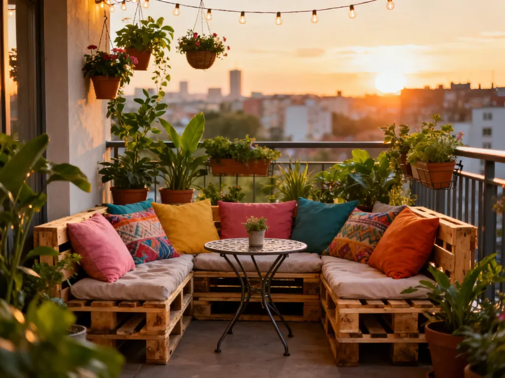 Przytulny balkon z meblami z palet, kolorowymi poduszkami i roślinami, oświetlony girlandą świetlną w blasku zachodzącego słońca.