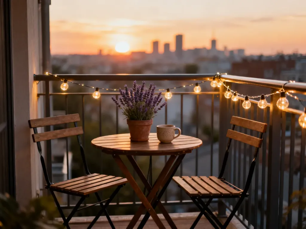 Przytulny mały balkon z drewnianym zestawem bistro, lawendą i nastrojowym oświetleniem na tle zachodzącego słońca.