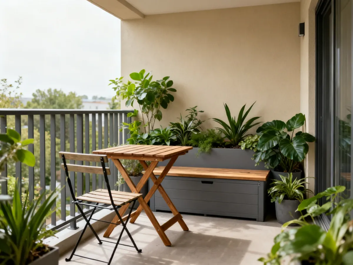 Mały balkon z meblami składanymi i skrzynią ogrodową wśród roślin