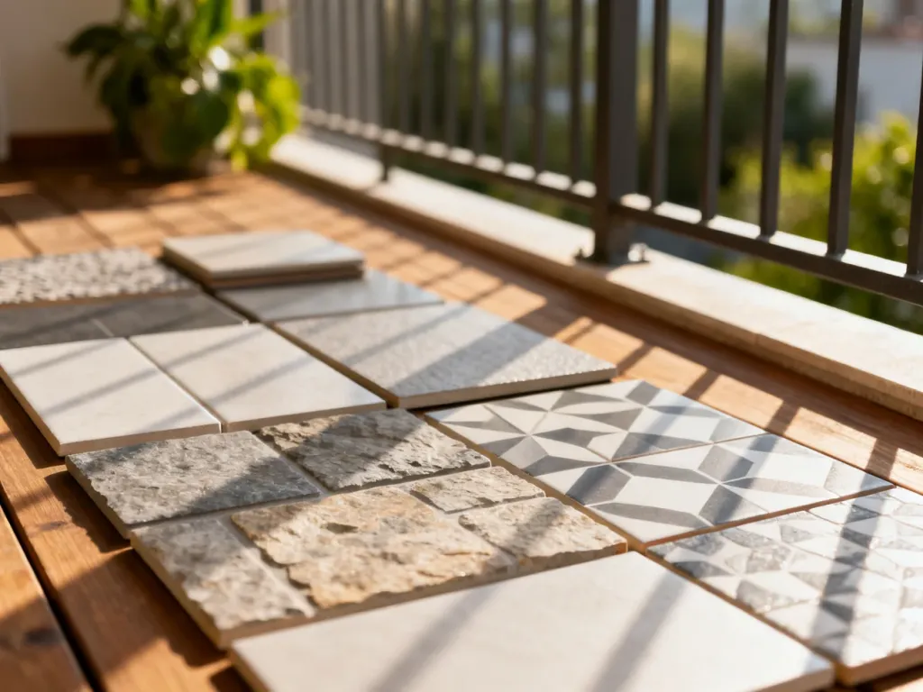Próbki nowoczesnych płytek ceramicznych o fakturze kamienia i geometrycznych wzorach ułożone na drewnianej podłodze balkonu.
