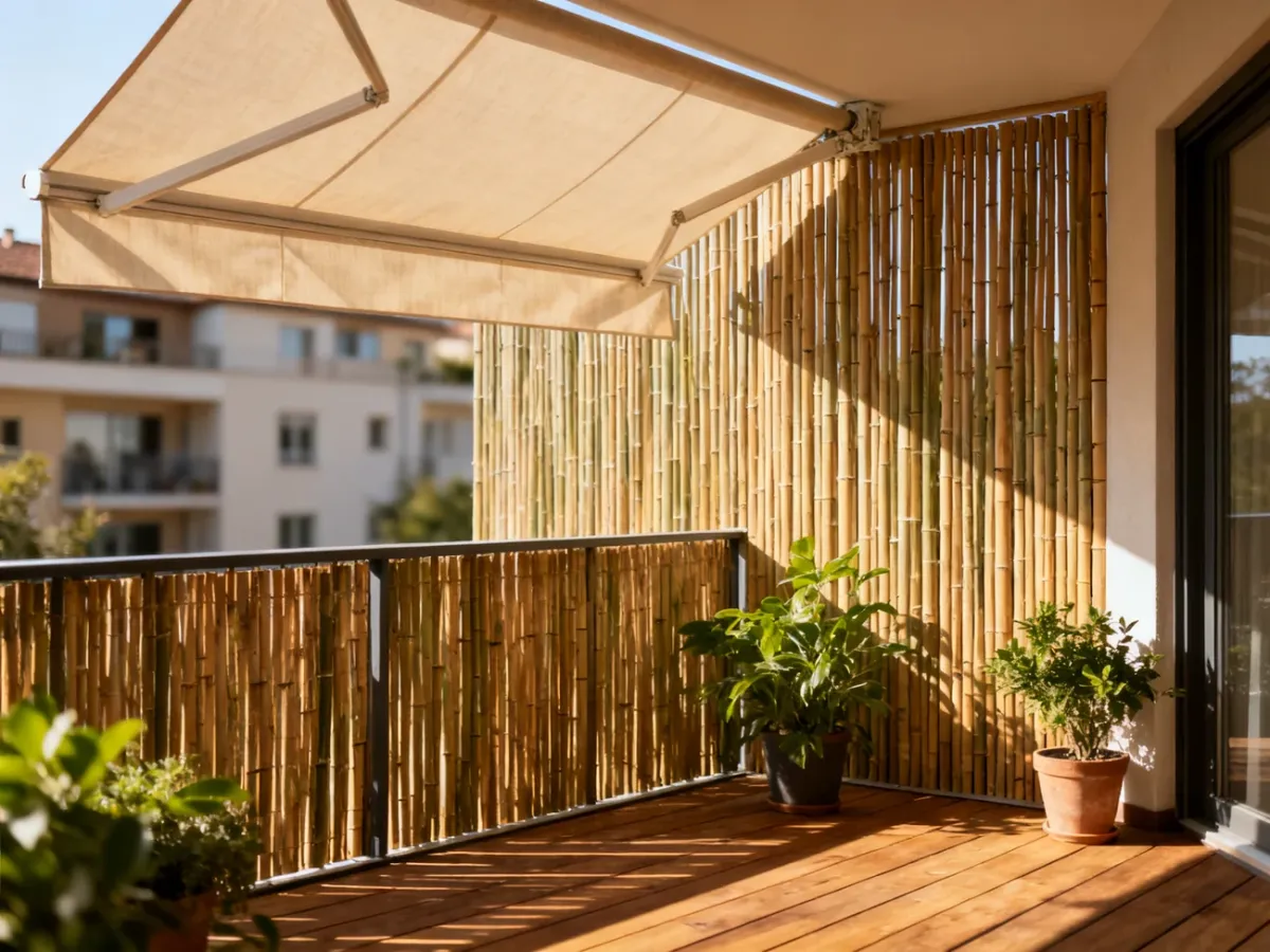 Nowoczesny balkon z rozsuwaną markizą i bambusowymi roletami, zapewniający prywatność oraz ochronę przed słońcem.
