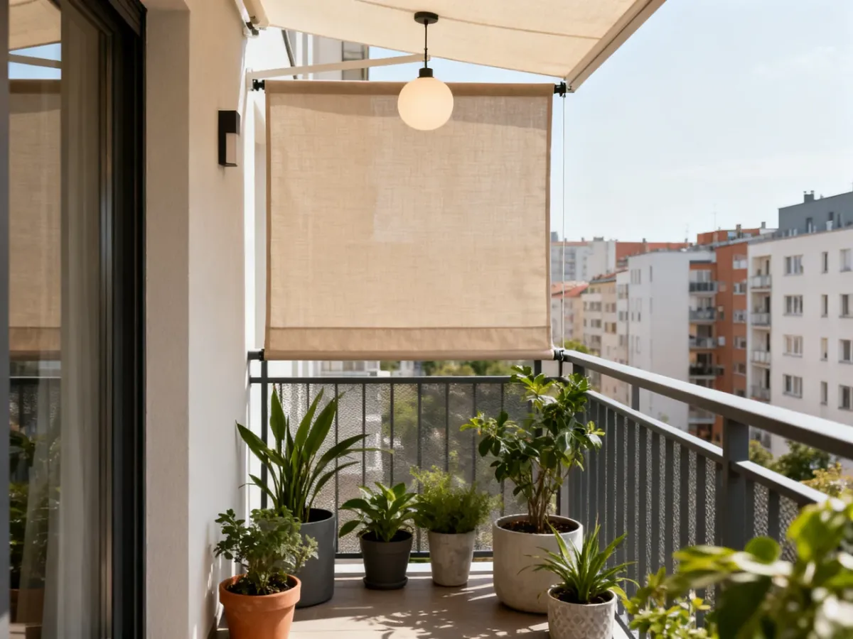 Mały balkon łączący matę prywatności, lekkie zadaszenie i rośliny