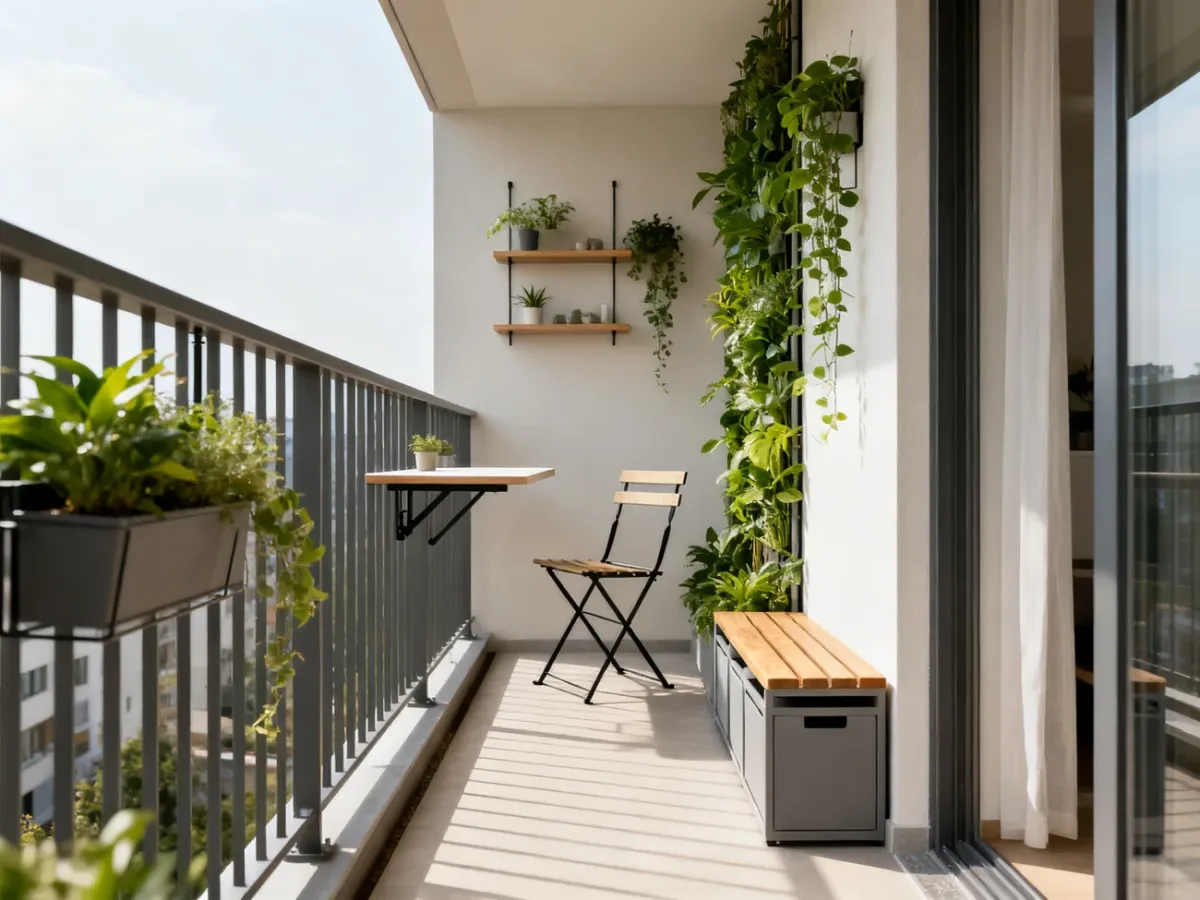 Funkcjonalny wąski balkon z meblami oszczędzającymi miejsce