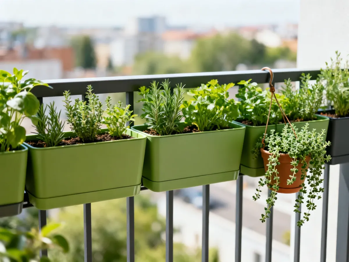 Skrzynki z ziołami na balustradzie balkonu
