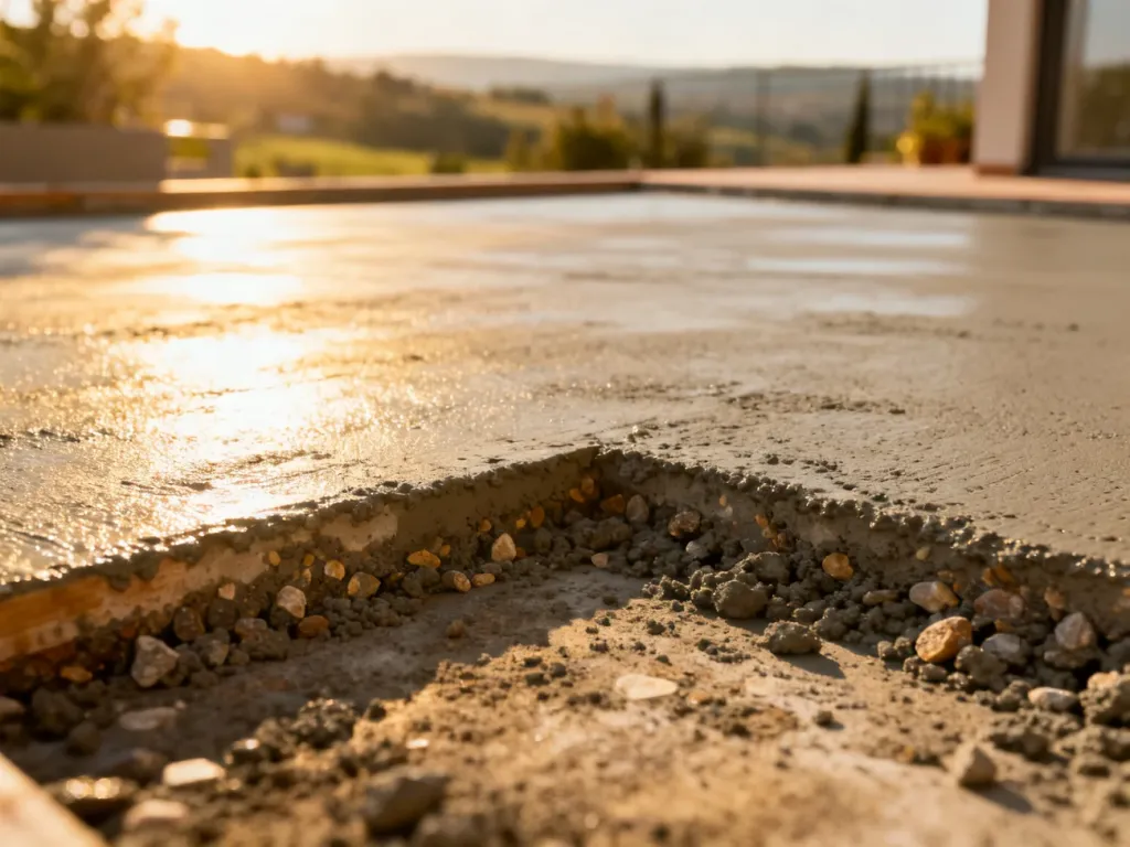 Zbliżenie na przekrój wylewki betonowej na tarasie, ukazujące strukturę kruszywa i warstwę świeżego betonu.