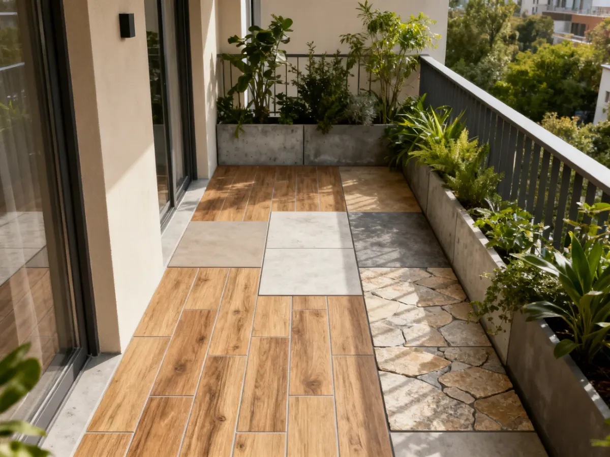 Balkon z płytkami imitującymi drewno, beton i kamień