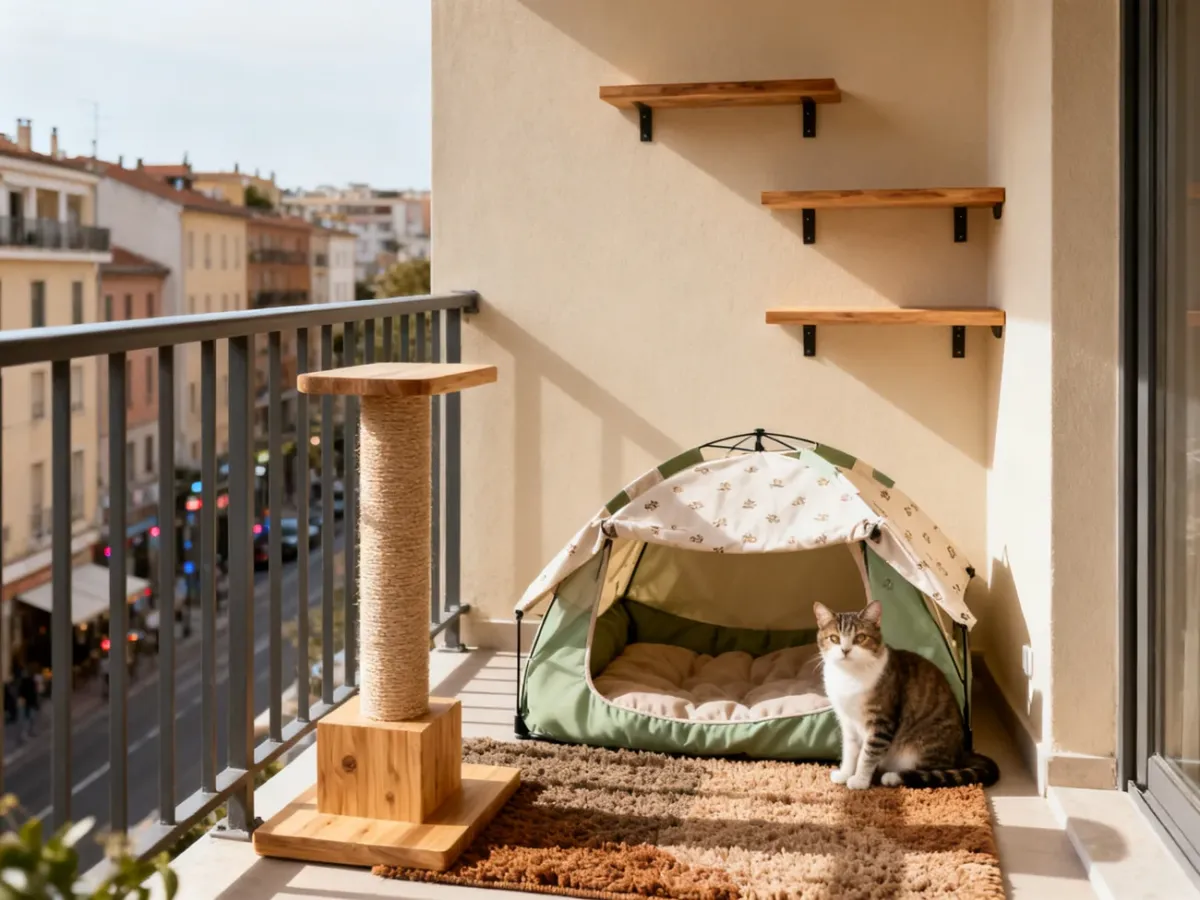 Przytulny balkon z drapakiem, półkami, legowiskiem i dywanikiem dla kota