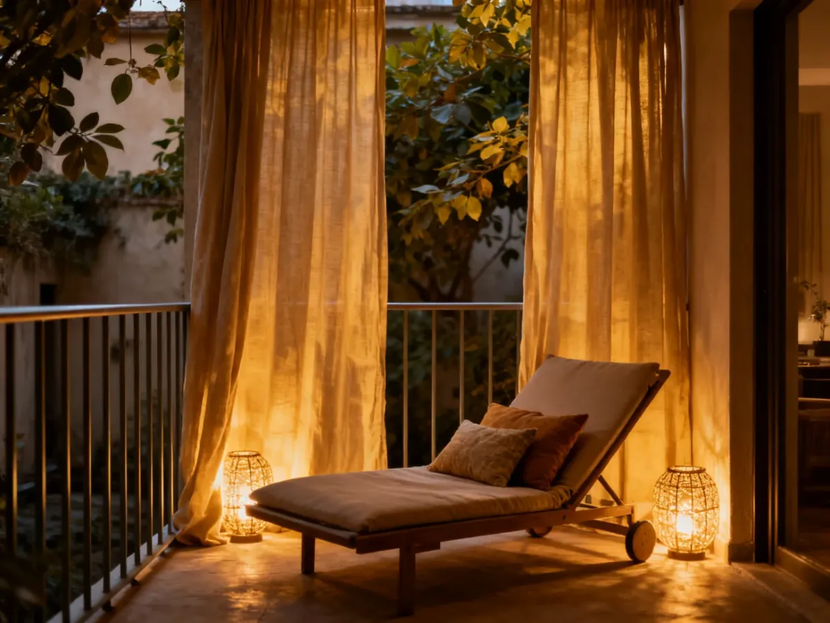 Zasłony zewnętrzne osłaniające przytulny balkon