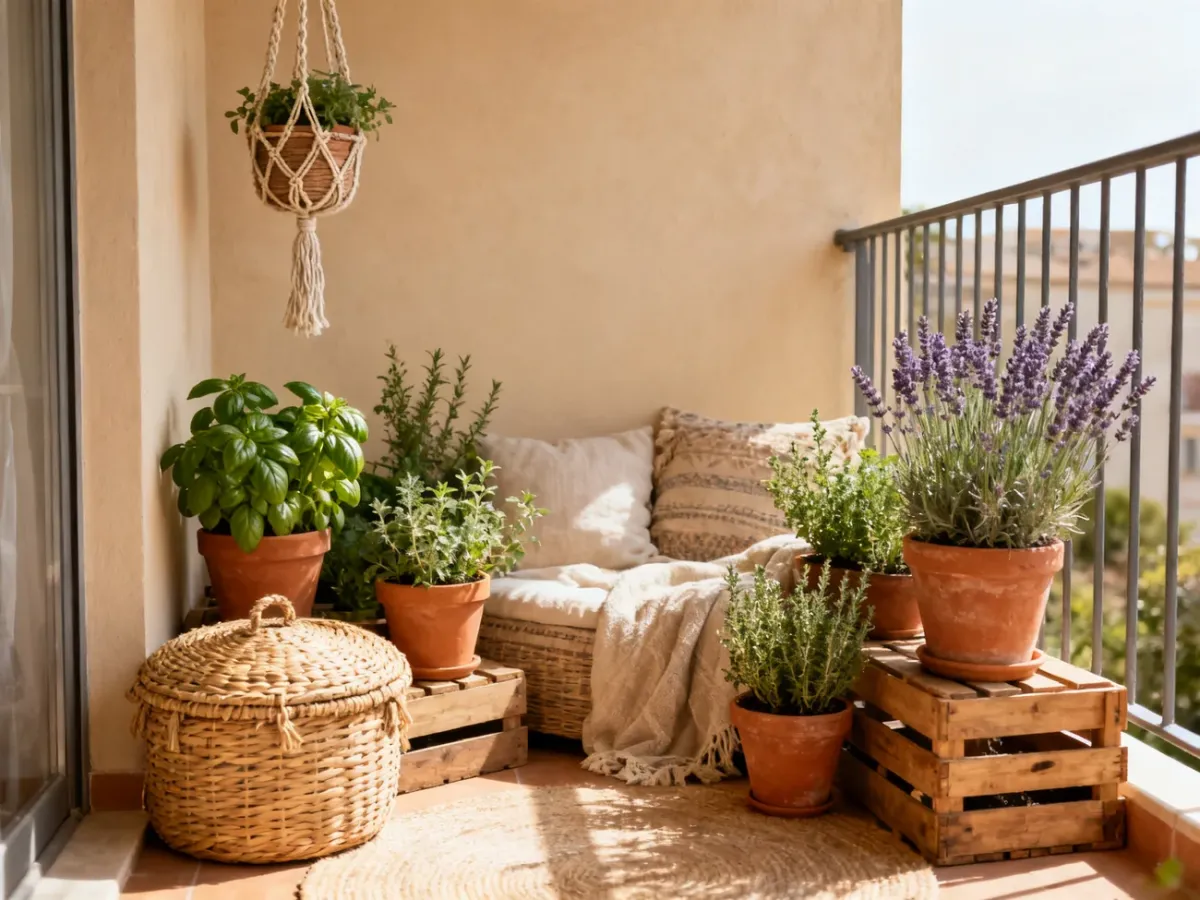 Balkon w stylu boho z ziołami w terakotowych donicach