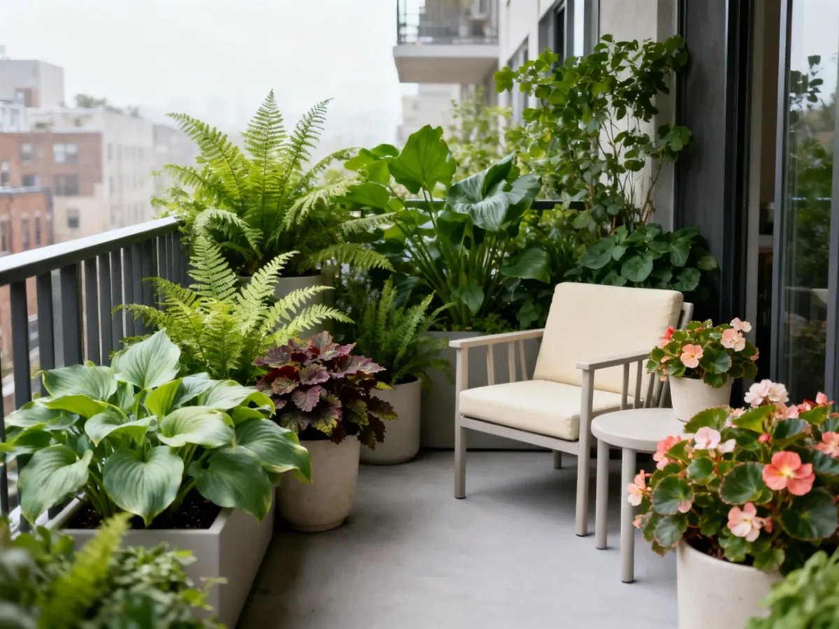 Zielony balkon północny z roślinami cieniolubnymi i jasnymi dodatkami