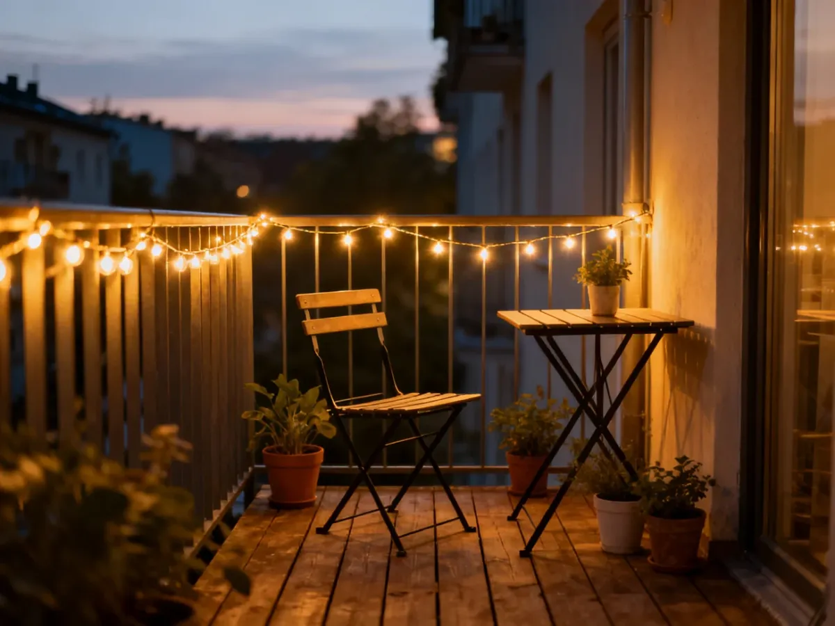 Mały balkon oświetlony ciepłą girlandą świetlną