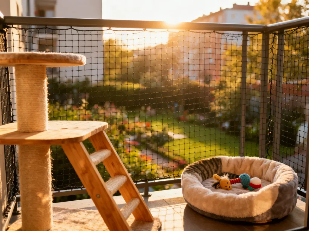 Zabezpieczony siatką balkon dla kota z drewnianą platformą do wspinaczki, miękkim legowiskiem i zabawkami w słoneczny poranek.