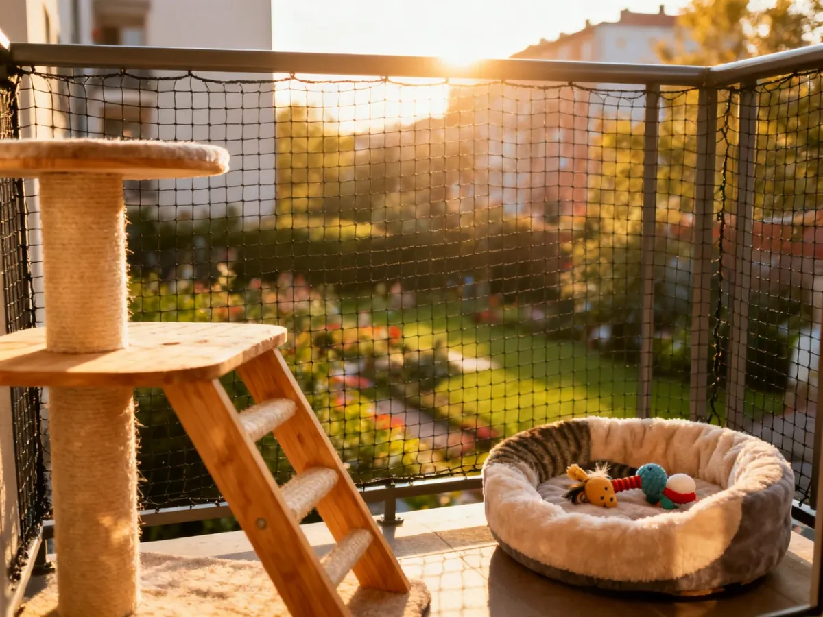 Zabezpieczony siatką balkon dla kota z drewnianą platformą do wspinaczki, miękkim legowiskiem i zabawkami w słoneczny poranek.