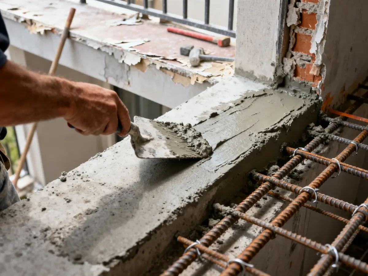 Naprawa betonowej płyty balkonowej zaprawą PCC przy odsłoniętym zbrojeniu