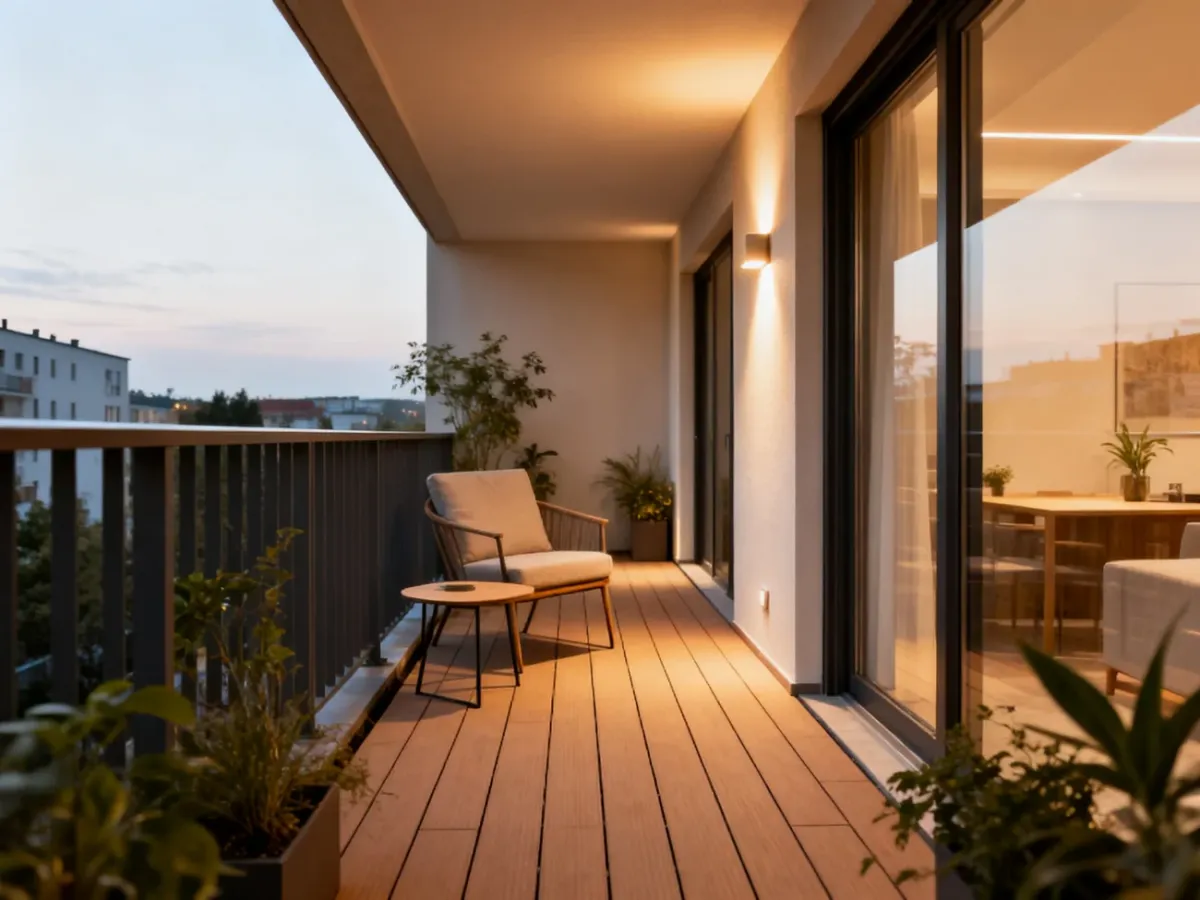 Funkcjonalnie urządzony wąski balkon z wygodnym przejściem