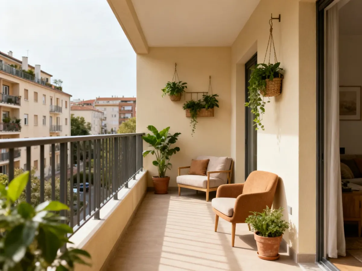 Przytulny prostokątny balkon z lekkimi meblami, roślinami i wolnym przejściem